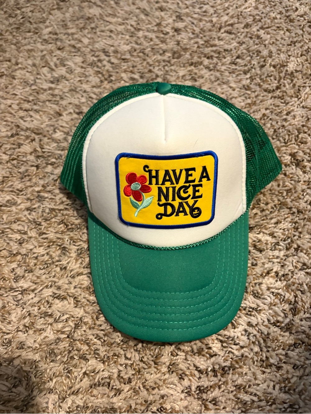 Green & White Foam Trucker Hat with 'Have A Nice Day' Patch